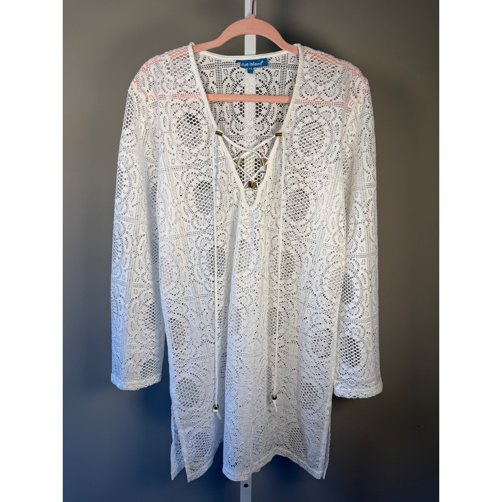 Blue Island White Lace Swim Cover-Up Tunic Boho Beach Resort XL